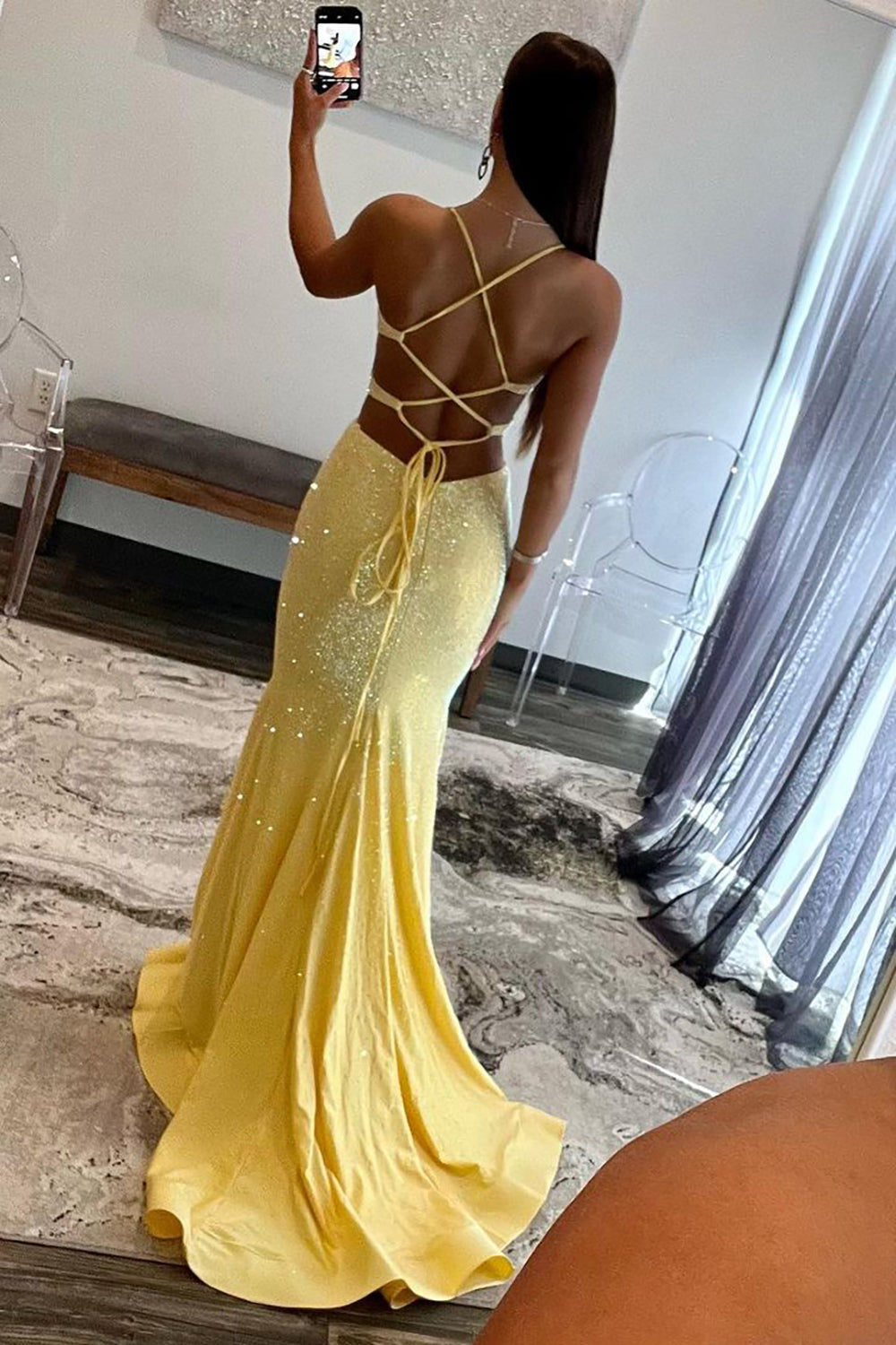 Yellow Mermaid Cutout Waist Lace Up Corset Long Beaded Prom Dress - Fashionpara