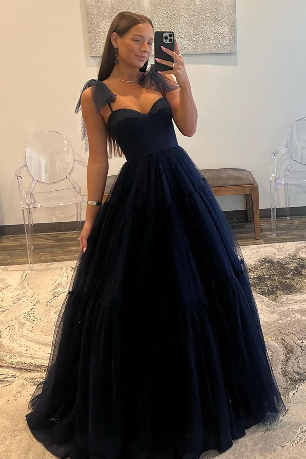 Dark Navy A-Line Tie Straps Zipper Back Long Tulle Prom Dress - Fashionpara