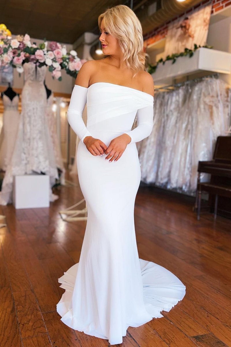 Pearl | Simple White Boho Mermaid Long Wedding Dress with Sleeves