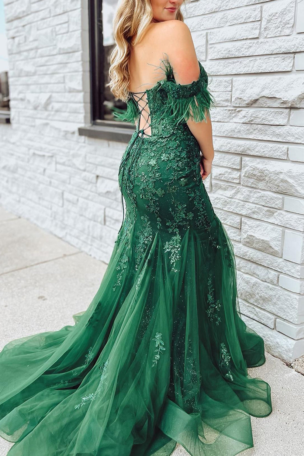 Dark Green Mermaid Off The Shoulder Long Prom Dress with Appliques - Fashionpara