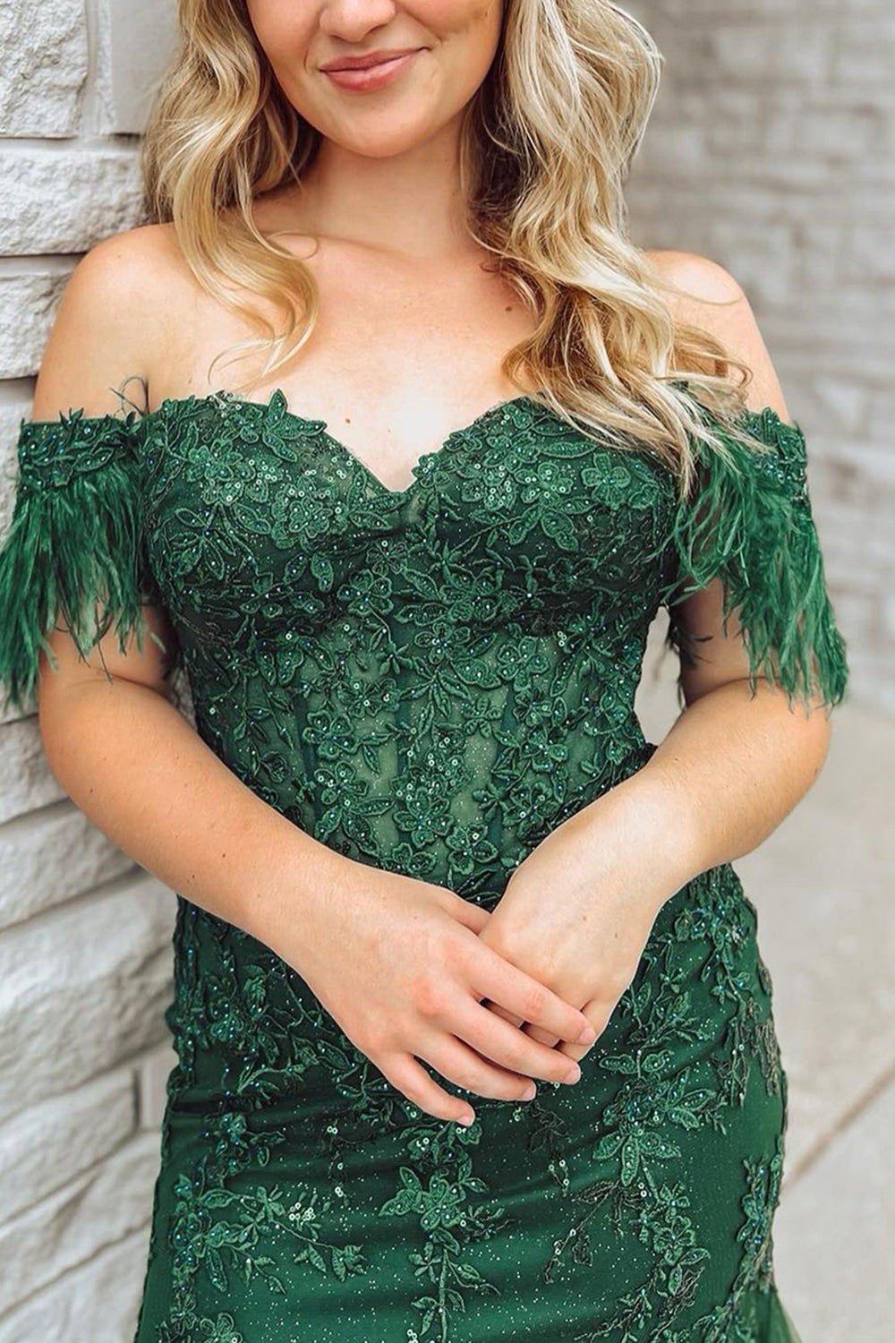 Dark Green Mermaid Off The Shoulder Long Prom Dress with Appliques - Fashionpara