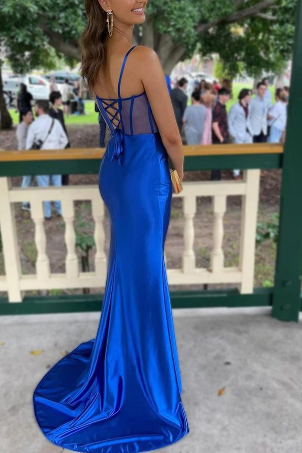 Royal Blue Mermaid Spaghetti Straps Long Satin Prom Dress With Split - Fashionpara