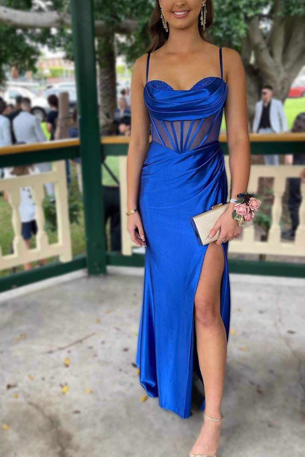 Royal Blue Mermaid Spaghetti Straps Long Satin Prom Dress With Split - Fashionpara