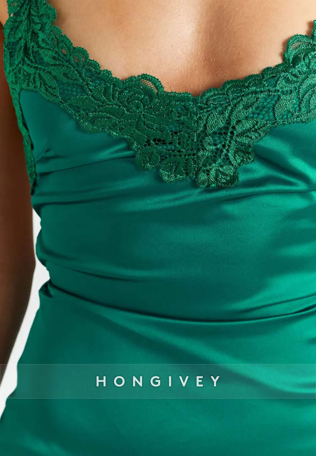 Spaghetti Straps Satin Emerald Crisscross Back Mini Homecoming Dress with Lace