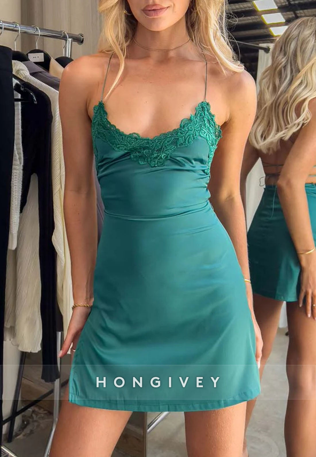 Spaghetti Straps Satin Emerald Crisscross Back Mini Homecoming Dress with Lace