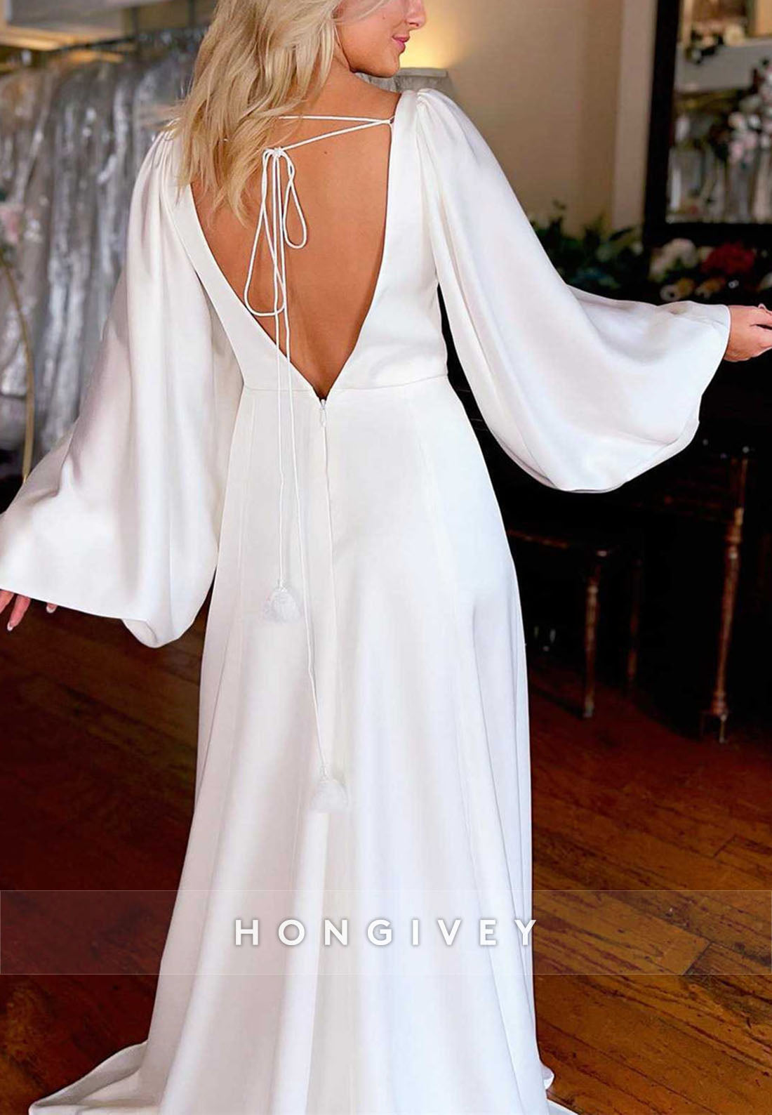 High Slit V Back Pleated Long Sleeve A-line Chapel Train V Neck Boho Wedding Dresses