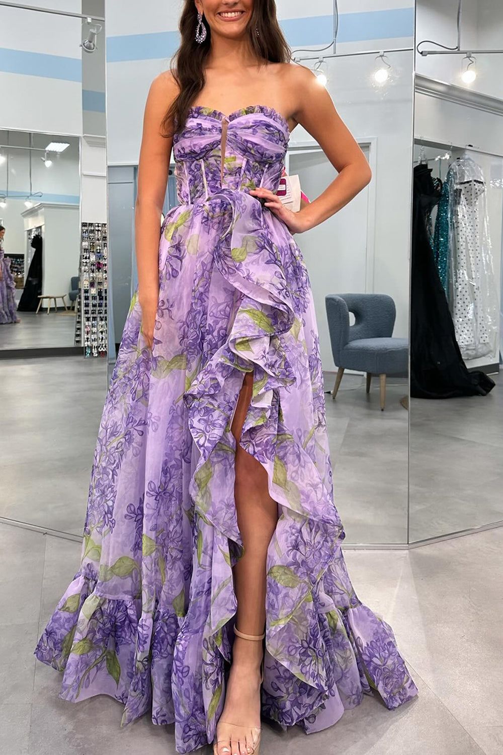 Lavender A-Line Strapless Long Ruffle Prom Dress With Detachable Sleeves - Fashionpara