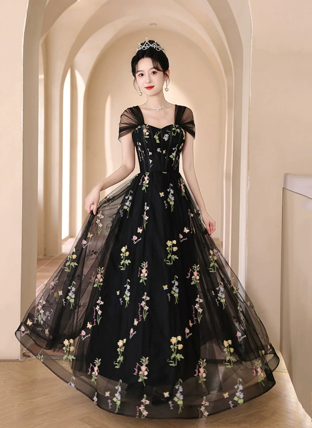 A-Line Black Floral Tulle Floor Length Prom Dress, Off The Shoulder Evening Party Dress