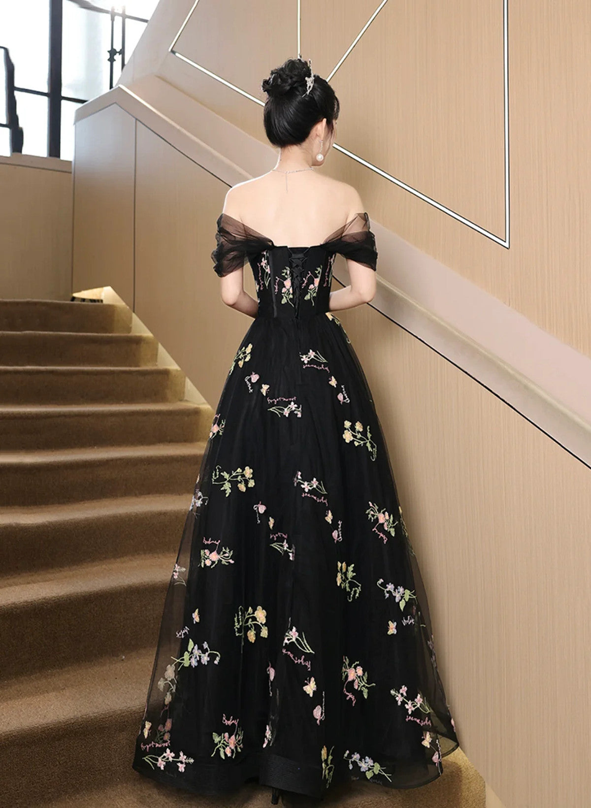 A-Line Black Floral Tulle Floor Length Prom Dress, Off The Shoulder Evening Party Dress