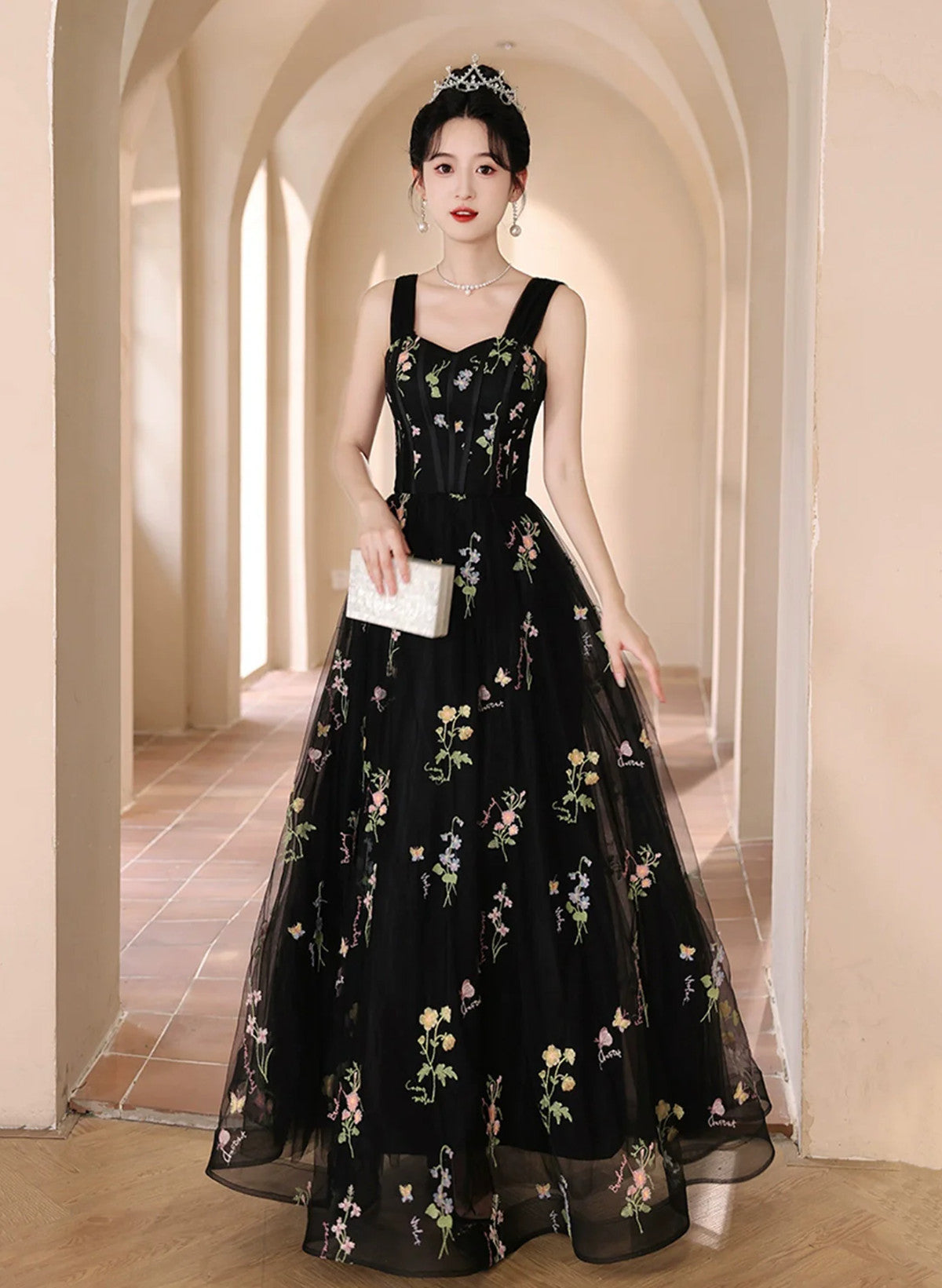 A-Line Black Floral Tulle Floor Length Prom Dress, Off The Shoulder Evening Party Dress