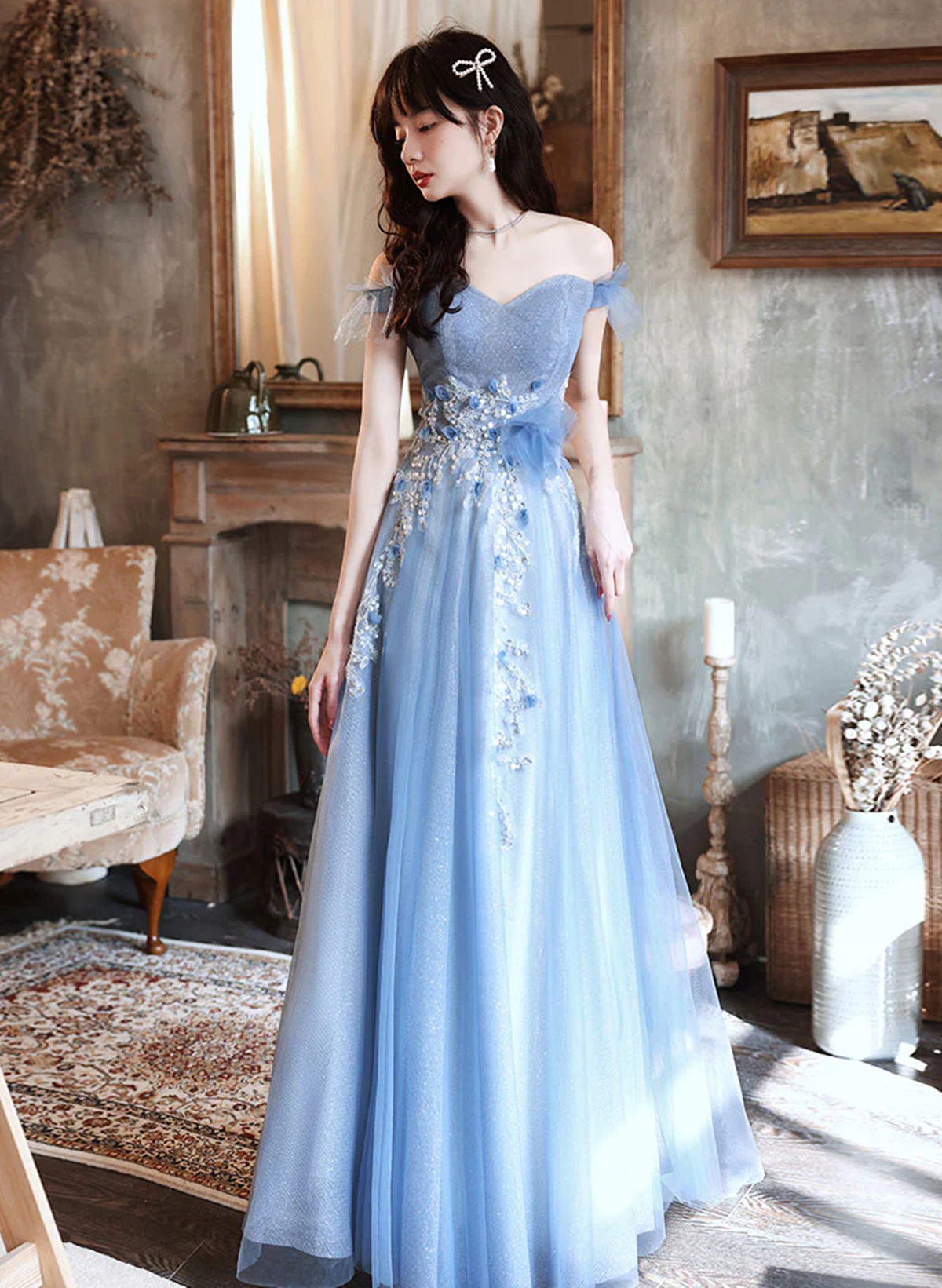 A-Line Blue Off Shoulder With Lace Long Evening Dress, Blue Long Prom Dress