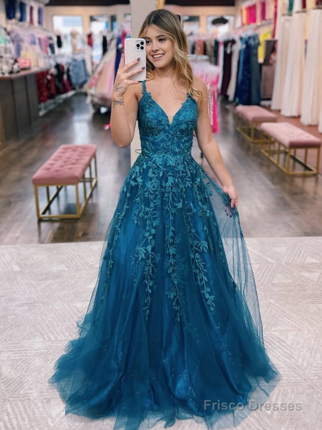 A Line Ink Blue Glitter Tulle Lace Prom Dress