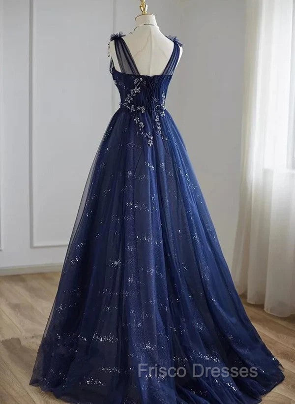 A-Line Princess Navy Blue Tulle Beaded V-neckline Party Dress Shiny Tulle Formal Prom Dress