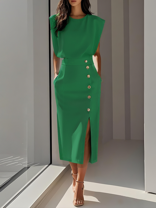 Off White Button Slit Crew Neck Sheath Midi Dress Wedding Guest Dresses
