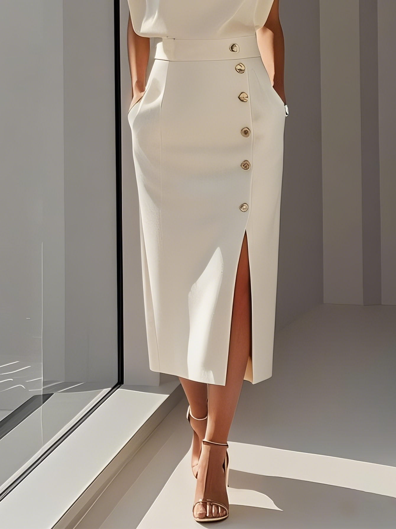Off White Button Slit Crew Neck Sheath Midi Dress Wedding Guest Dresses