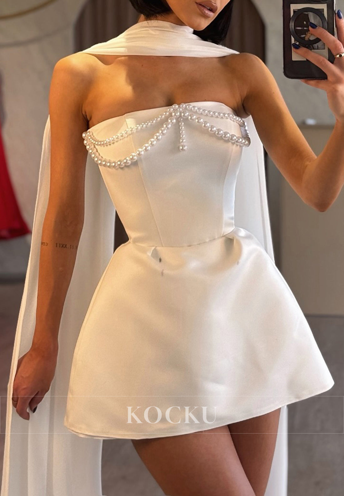 White Straplss Pearls A-Line Mini Wedding Dress with Scarf