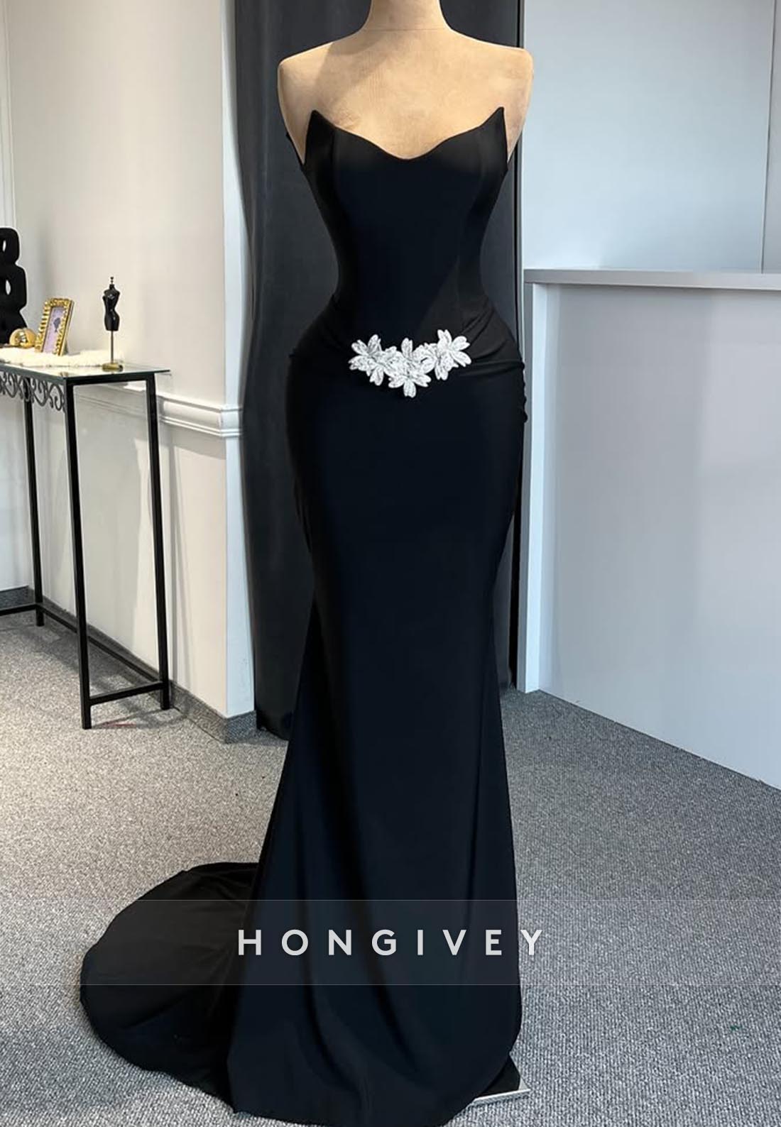 Sweetheart Rhinestone Floral Embellished Mermaid Long Prom Dresses with Train