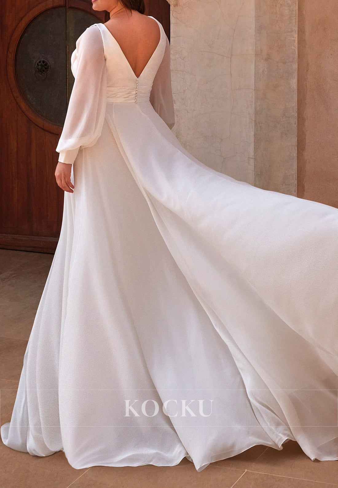 Deep V - Neck Backless Chiffon Wedding Dress with Bishop Sleeves & Train