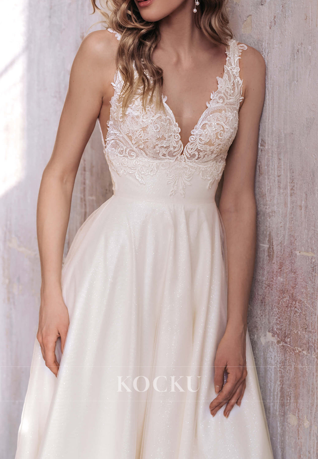 Deep V - Neck Lace - Embellished Wedding Dress with Button - Back Train & Shimmer Fabric
