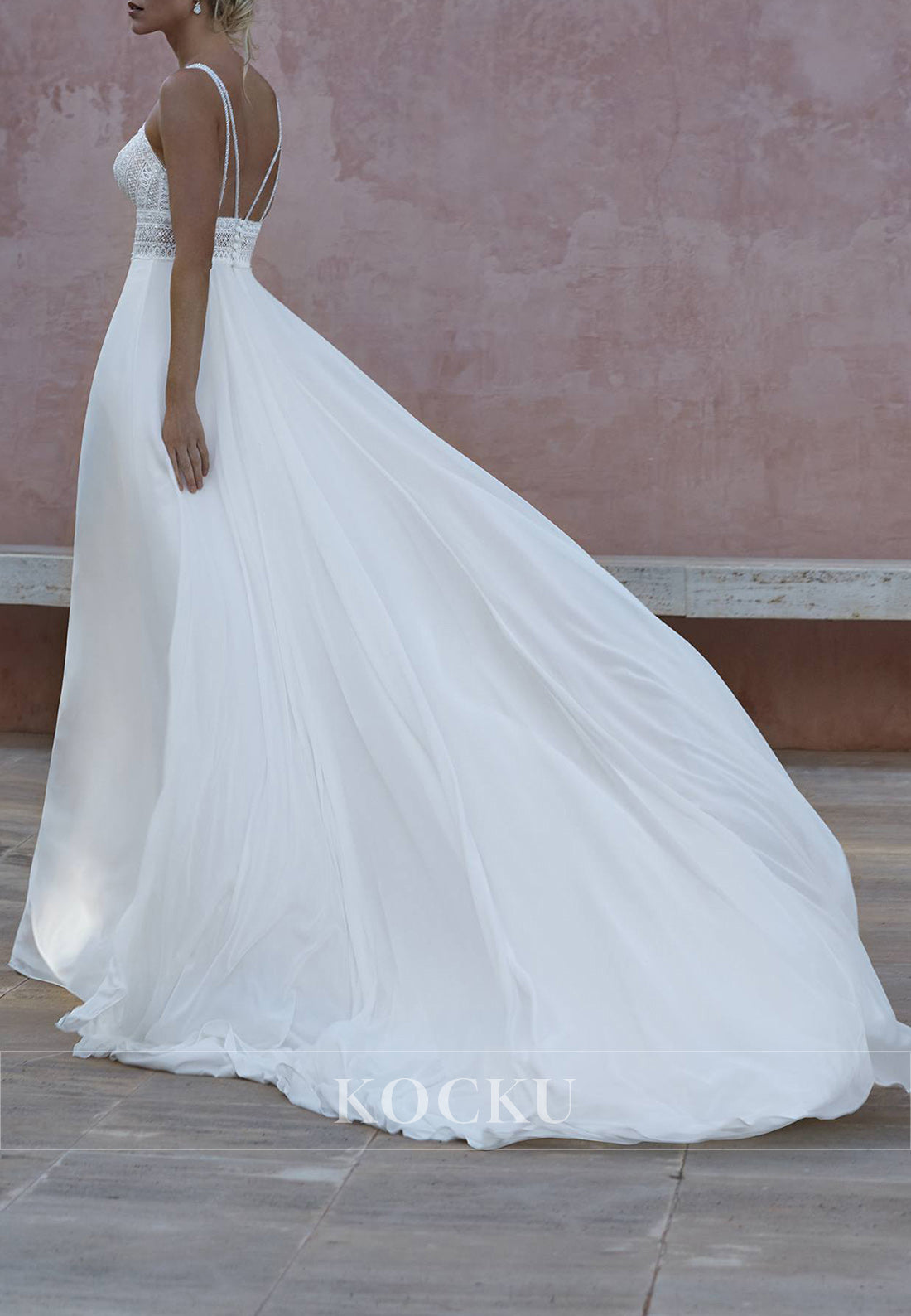 Spaghetti Strap Deep V - Neck Wedding Dress with Lace - Embellished Bodice & Train