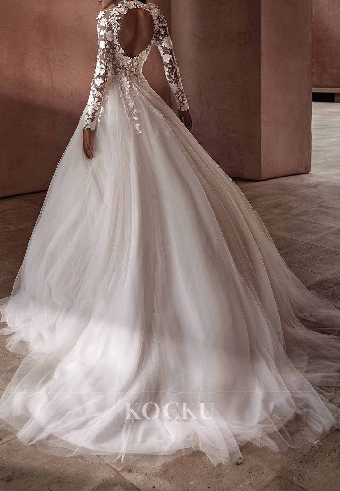 Romantic Long Sleeve Open Back Wedding Dress with Sheer Floral Bodice & Ball Gown Skirt