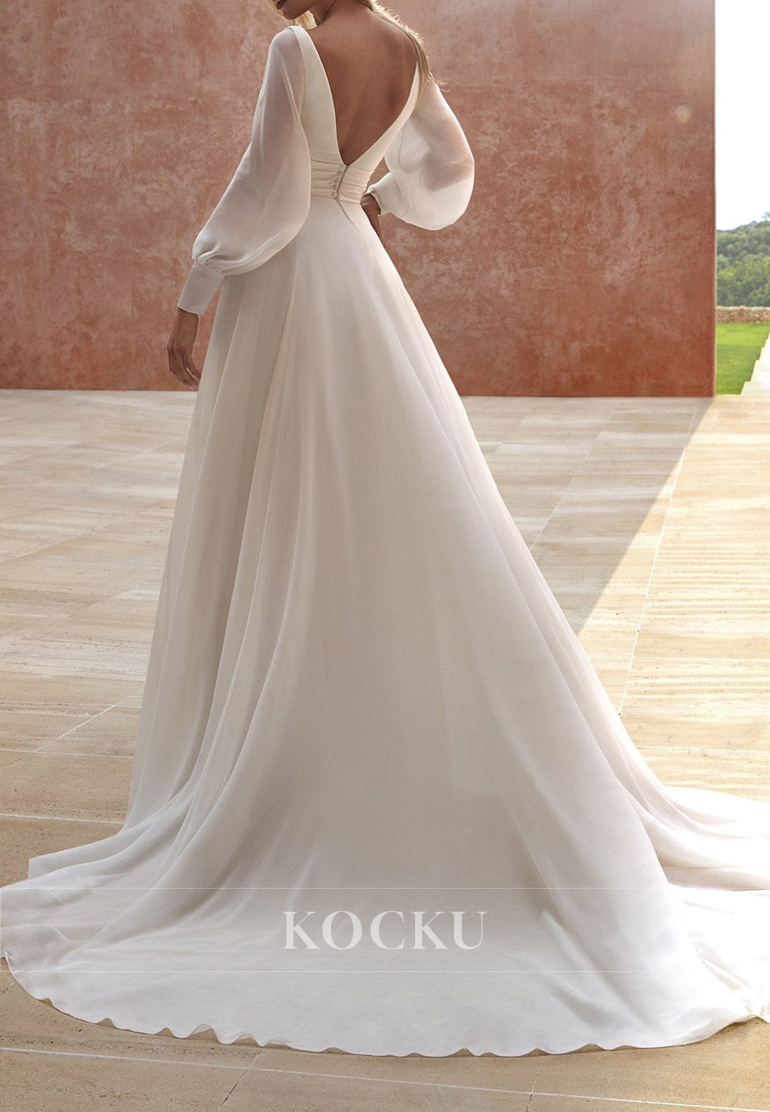 Deep V - Neck Backless Chiffon Wedding Dress with Bishop Sleeves & Train