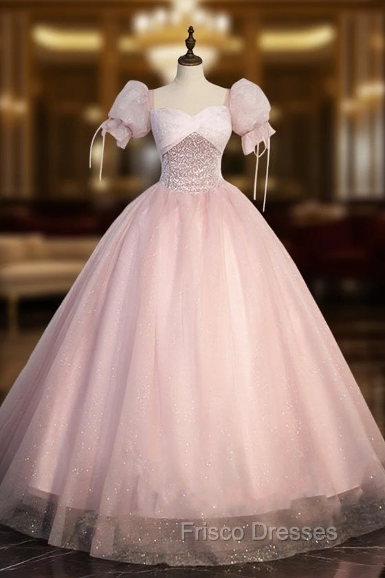 Ball-Gown Tulle Pink Sweetheart Floor-Length Graduation Birthday Party Dress with Sequined