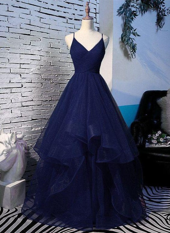 Beautiful Navy Blue Tulle V-Neckline Straps Long Party Dress, Blue Formal Gown