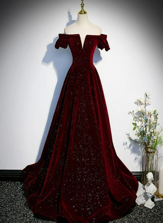 Beautiful Wine Red Off Shoulder Velvet Long Party Dress, A-Line Dark Red Prom Dresses