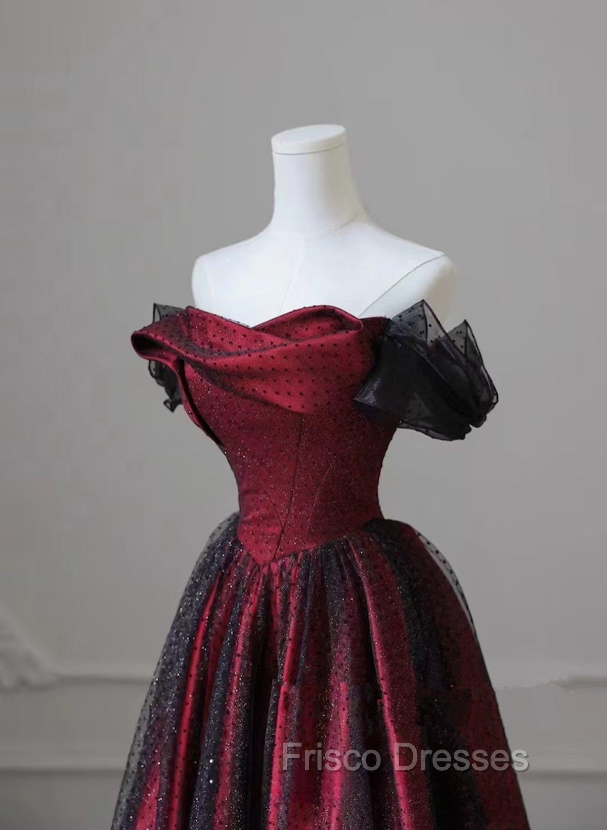 Black and Red Long Party Dress, Off Shoulder Tulle A-line Formal Prom Dress