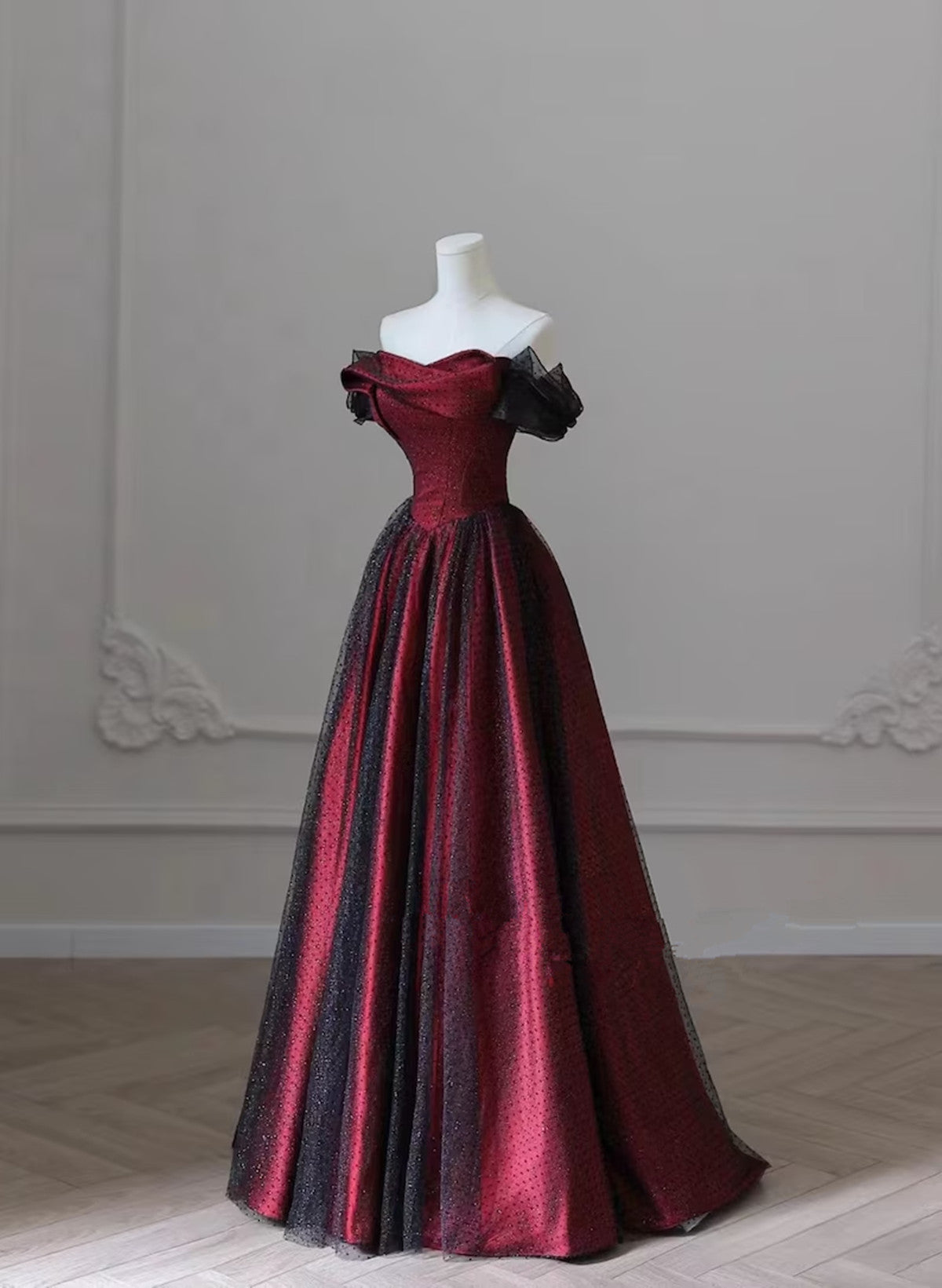Black And Red Long Party Dress, Off Shoulder Tulle A-Line Prom Dress