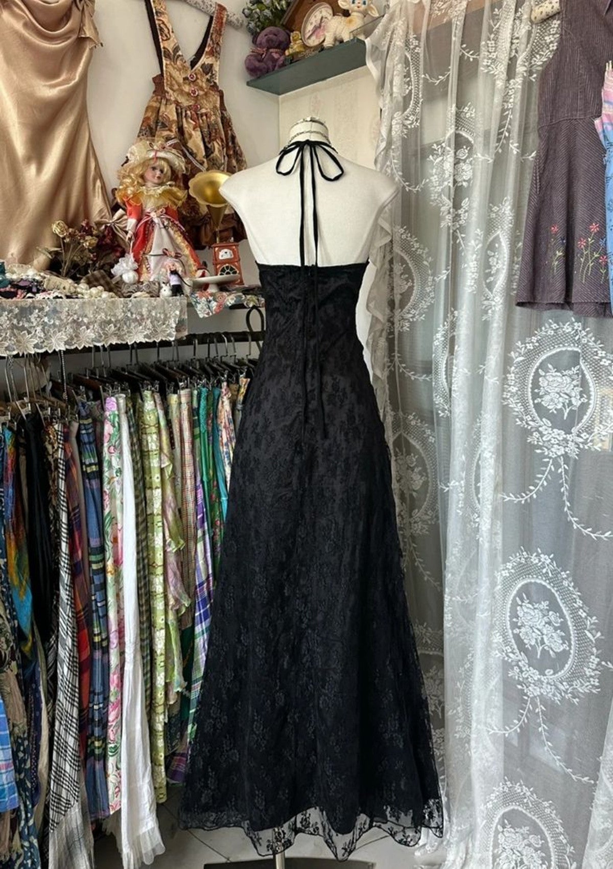 Black Lace V-Neckline A-Line Halter Party Dress, Black Vintage Style Prom Dress