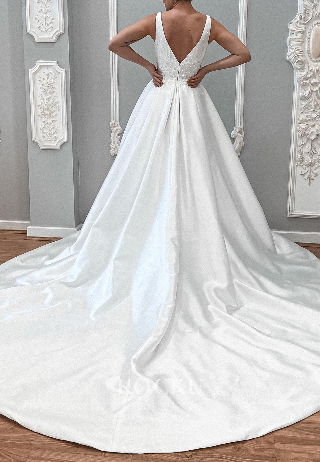 Plunging V - Neck Satin Ball Gown Wedding Dress with Pearl Embellishments & High Slit