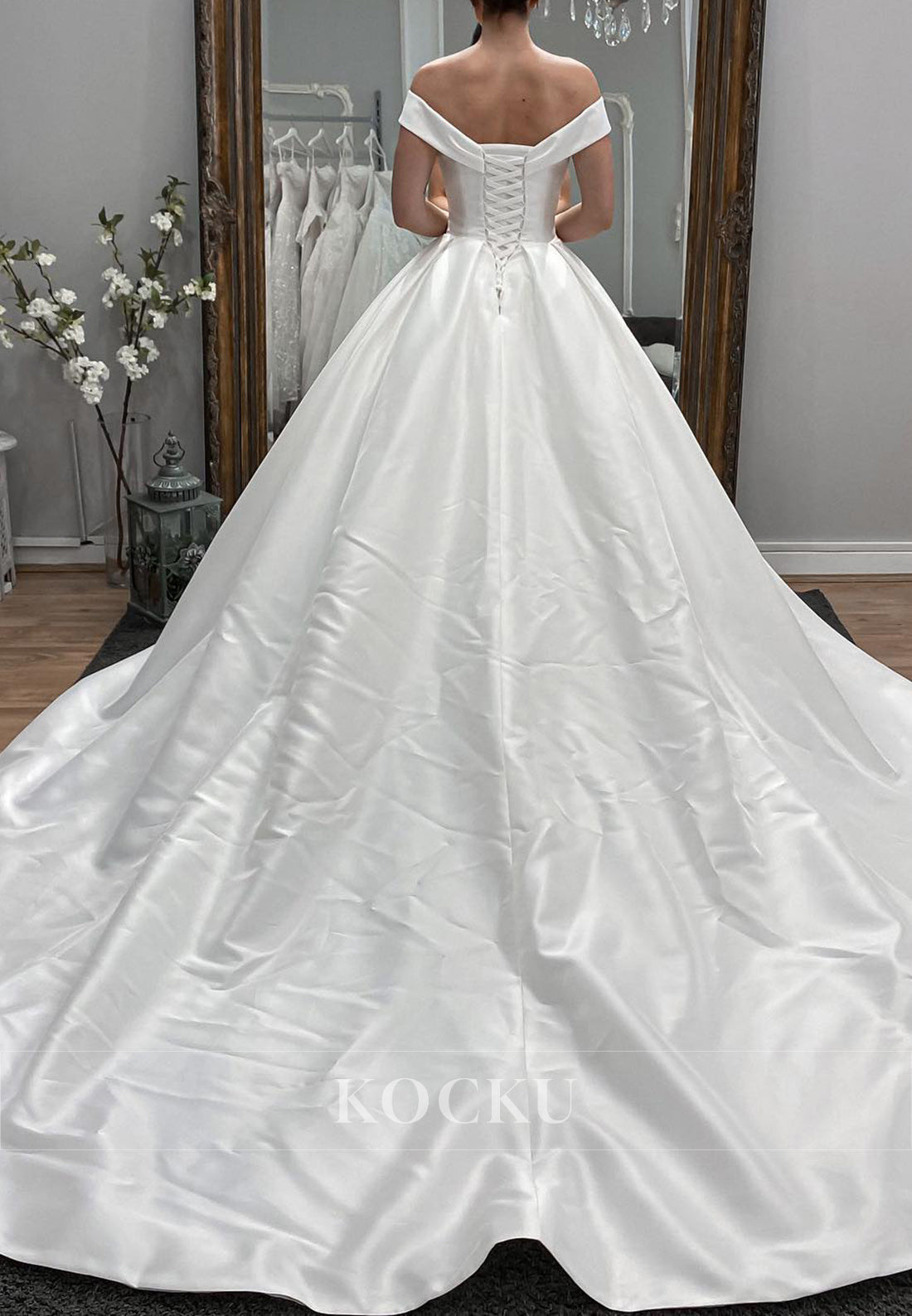 Elegant Off - Shoulder Satin Ball Gown Wedding Dress with Lace - Up Back