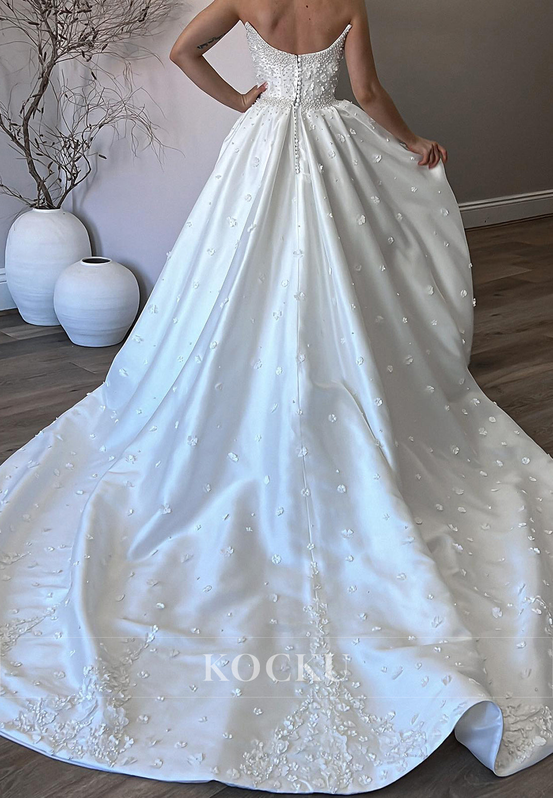 Strapless Satin Ball Gown Wedding Dress with Pearl Embellishments, Floral Appliqués & High Slit