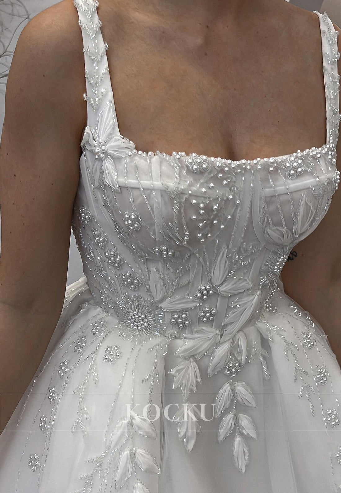 Square Neck Spaghetti - Strap Backless Wedding Dress with Beaded & Floral Appliqués, Tulle Train