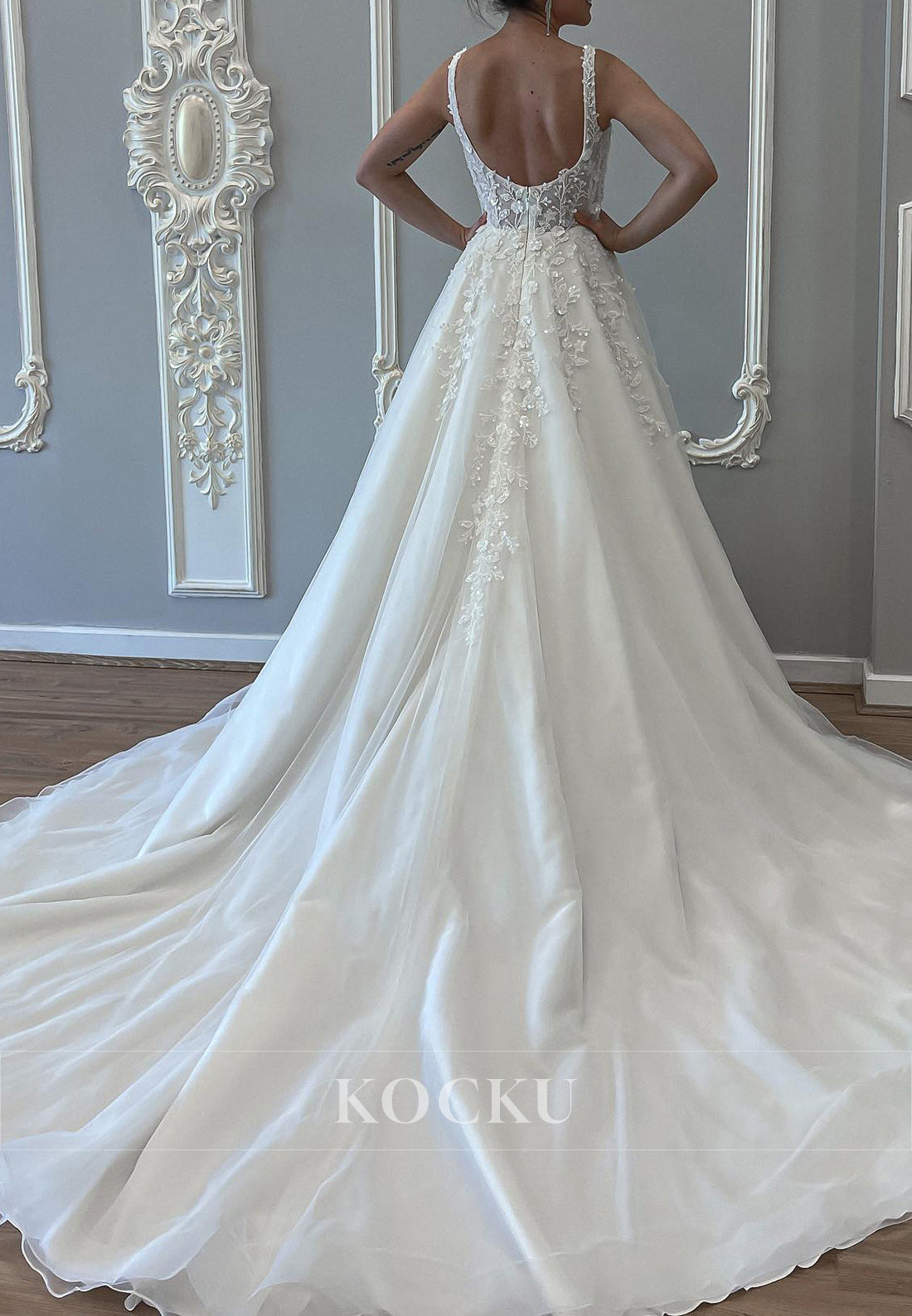 Romantic Spaghetti - Strap Square Neck Wedding Dress with 3D Appliqués & Tulle Skirt