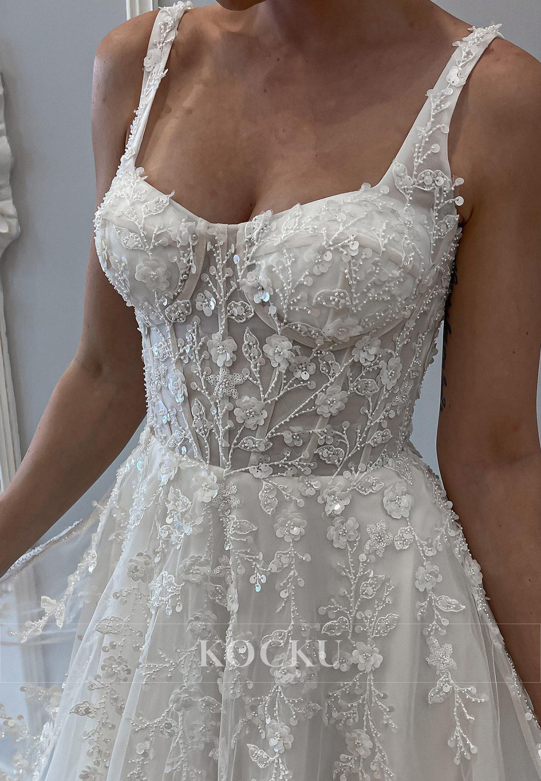 Romantic Spaghetti - Strap Square Neck Wedding Dress with 3D Appliqués & Tulle Skirt