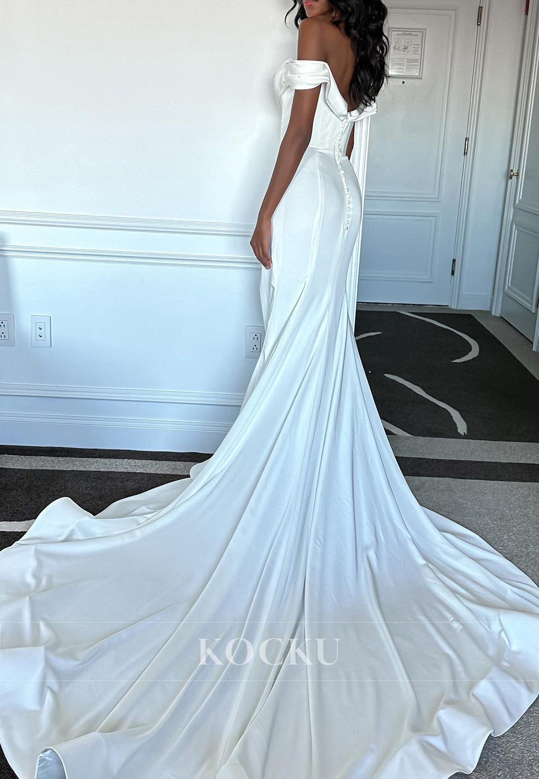 Elegant Off - Shoulder Satin Mermaid Wedding Dress with High Slit & Train