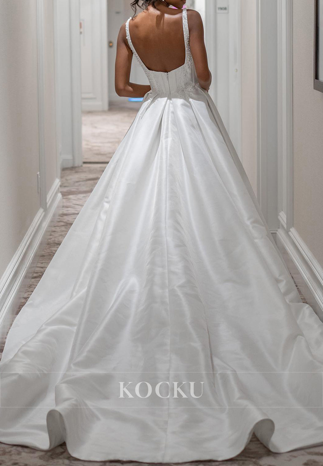 Square Neck Satin Wedding Dress with Pearl - Embellished Bodice, High Slit & Train