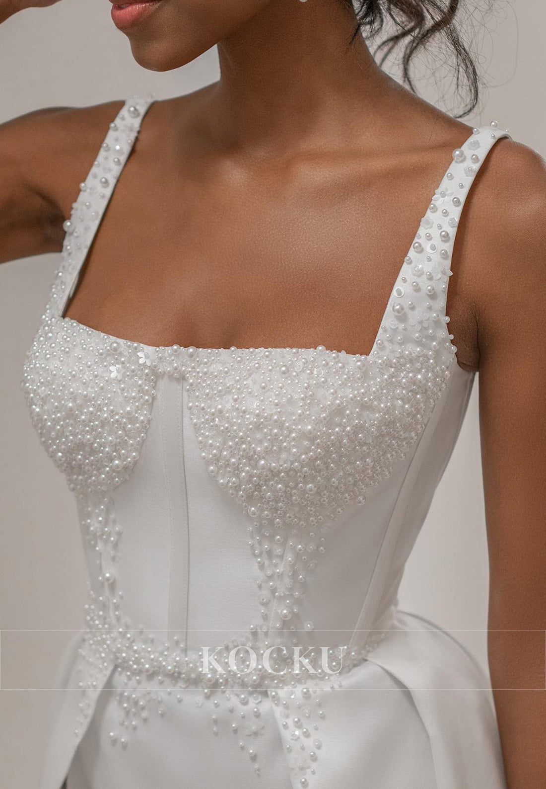Square Neck Satin Wedding Dress with Pearl - Embellished Bodice, High Slit & Train