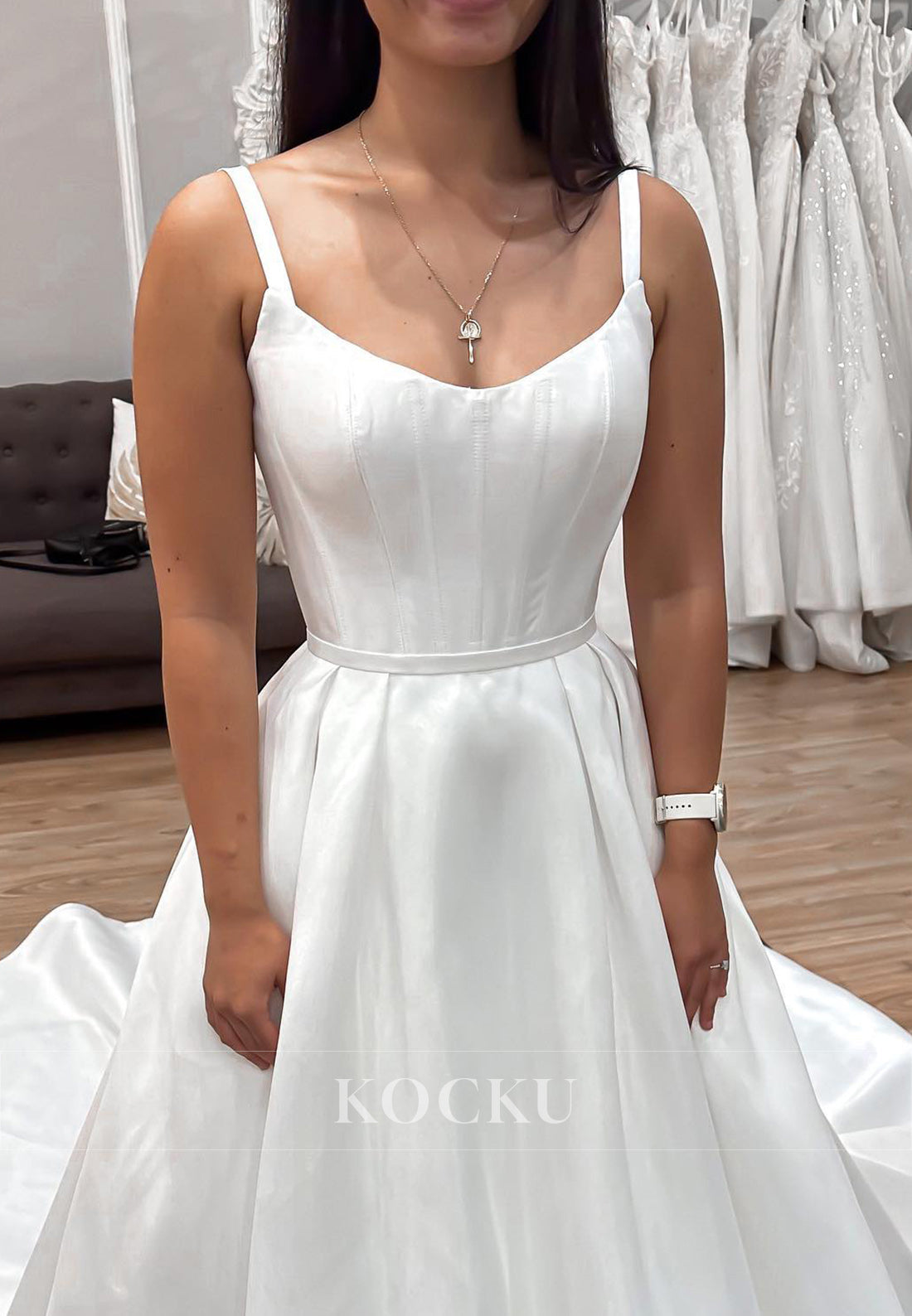 Spaghetti - Strap Satin Ball Gown Wedding Dress with Button - Detailed Train