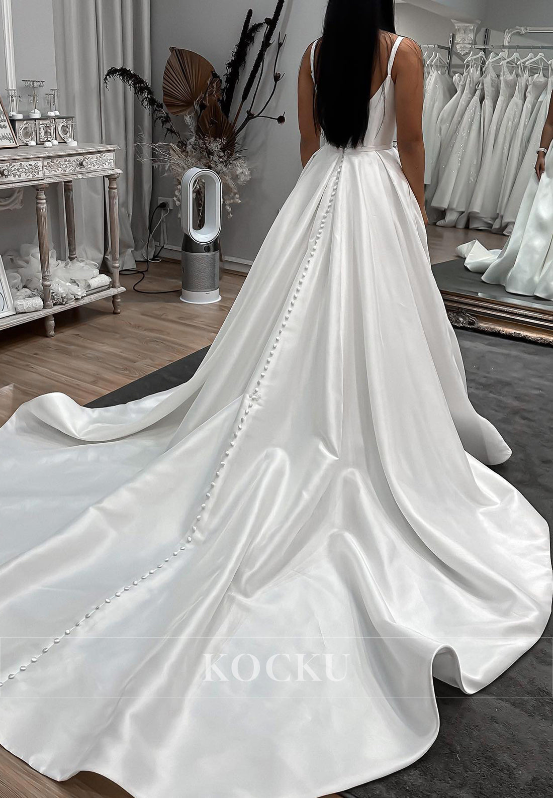 Spaghetti - Strap Satin Ball Gown Wedding Dress with Button - Detailed Train