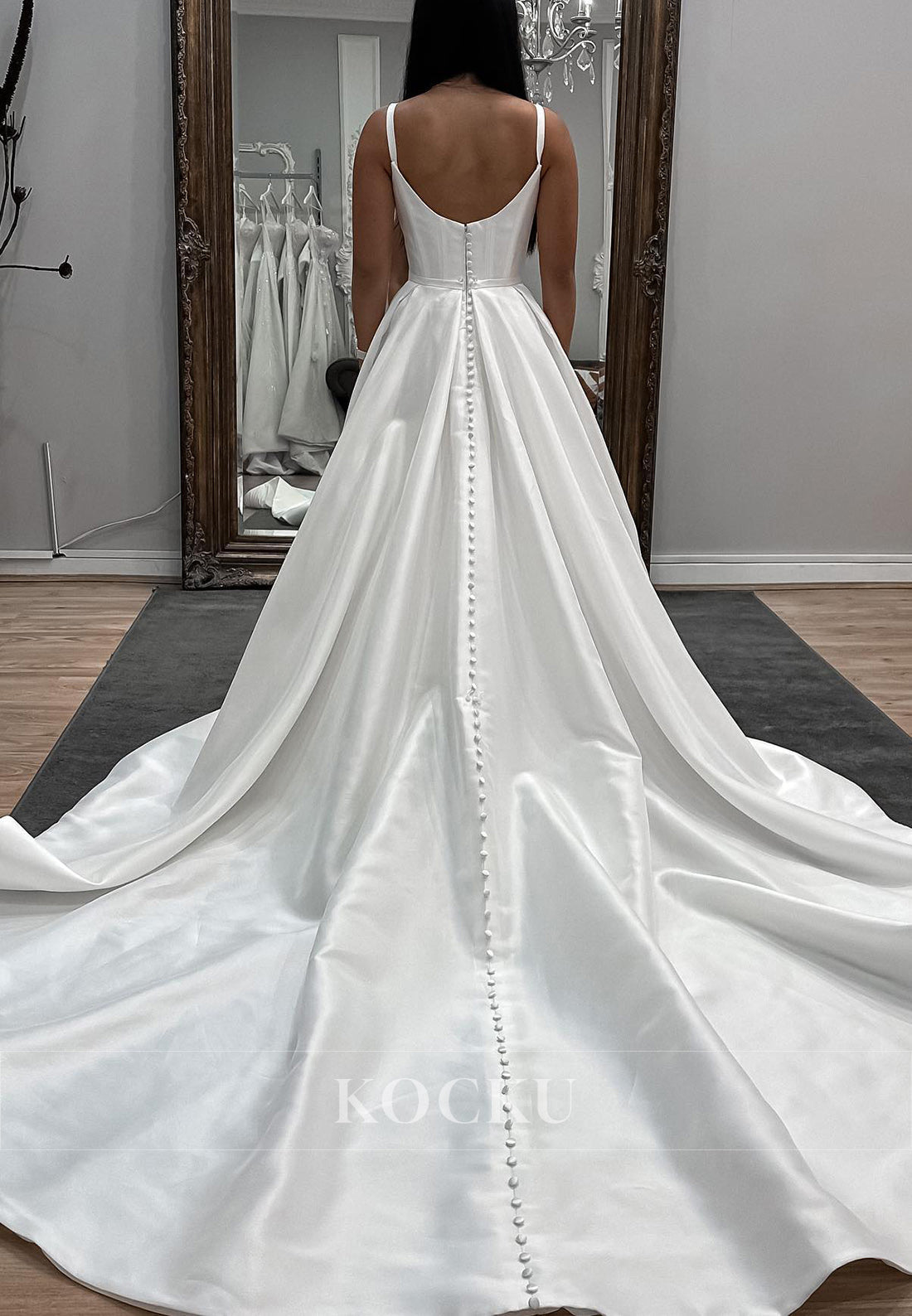 Spaghetti - Strap Satin Ball Gown Wedding Dress with Button - Detailed Train