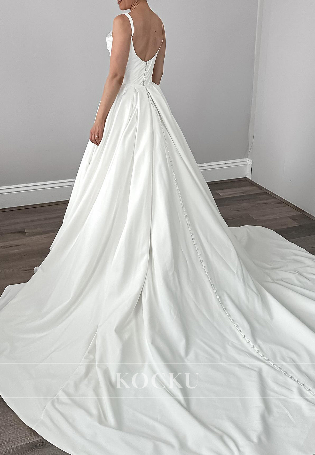 Spaghetti - Strap Satin Wedding Dress with Pearl - Embellished Neckline & Convertible Skirt