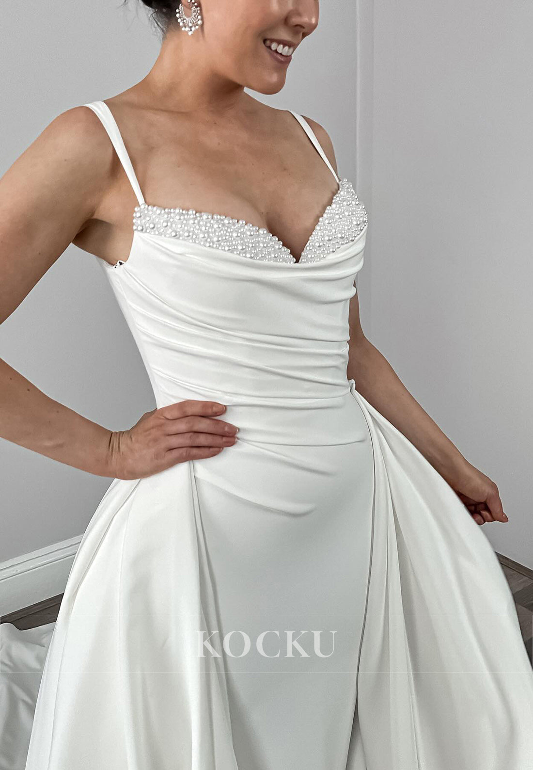 Spaghetti - Strap Satin Wedding Dress with Pearl - Embellished Neckline & Convertible Skirt