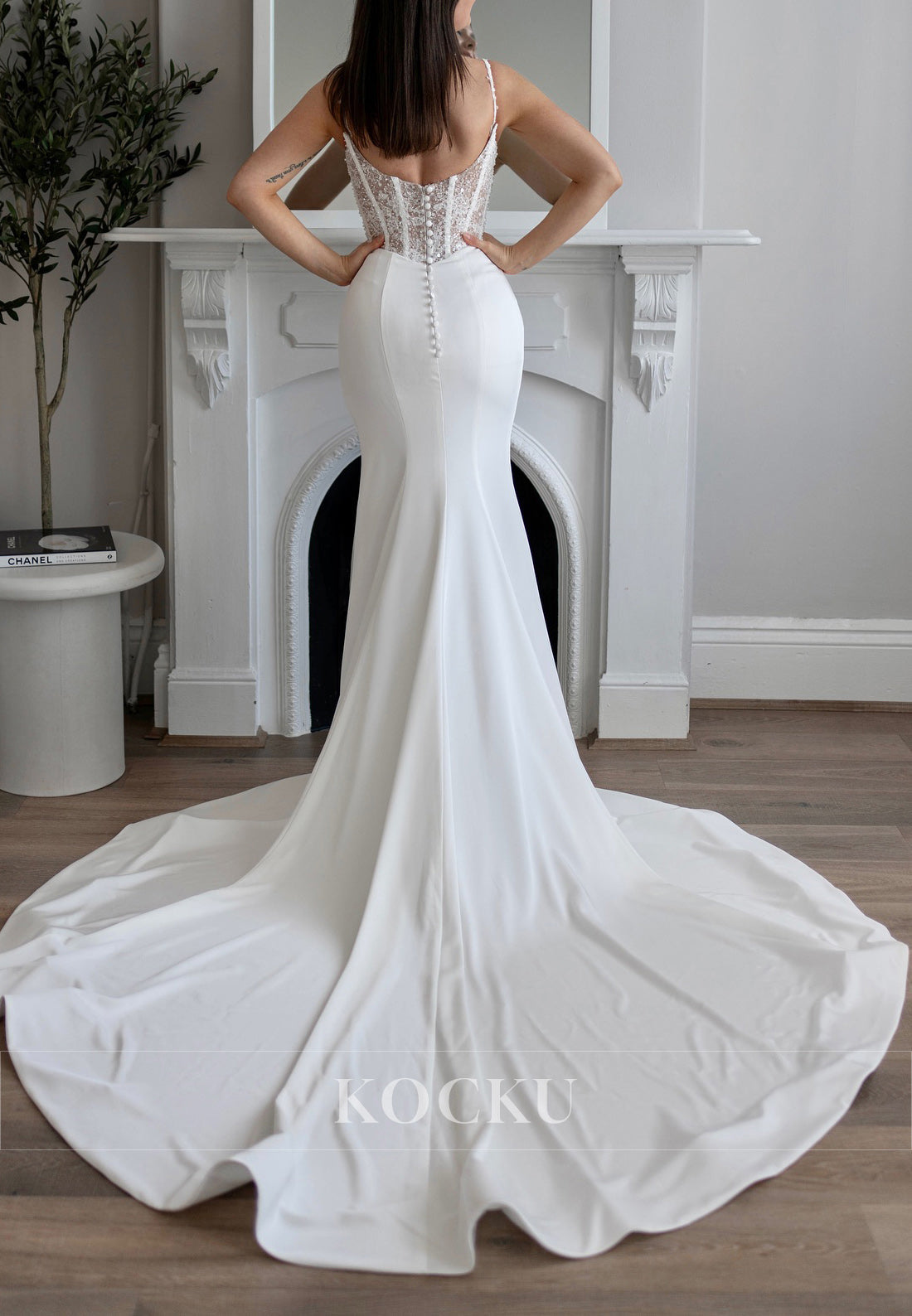 Spaghetti - Strap Wedding Dress with Sequin Bodice, High Slit & Satin Train