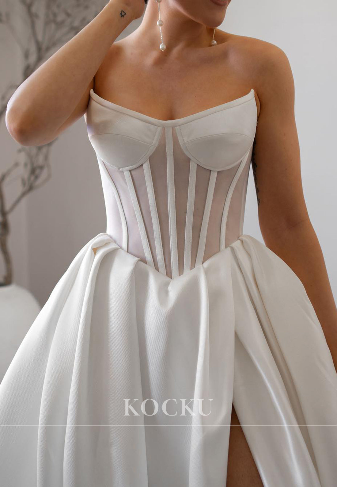 Strapless Satin Ball Gown Wedding Dress with Sheer Bodice, Side Slit & Pockets