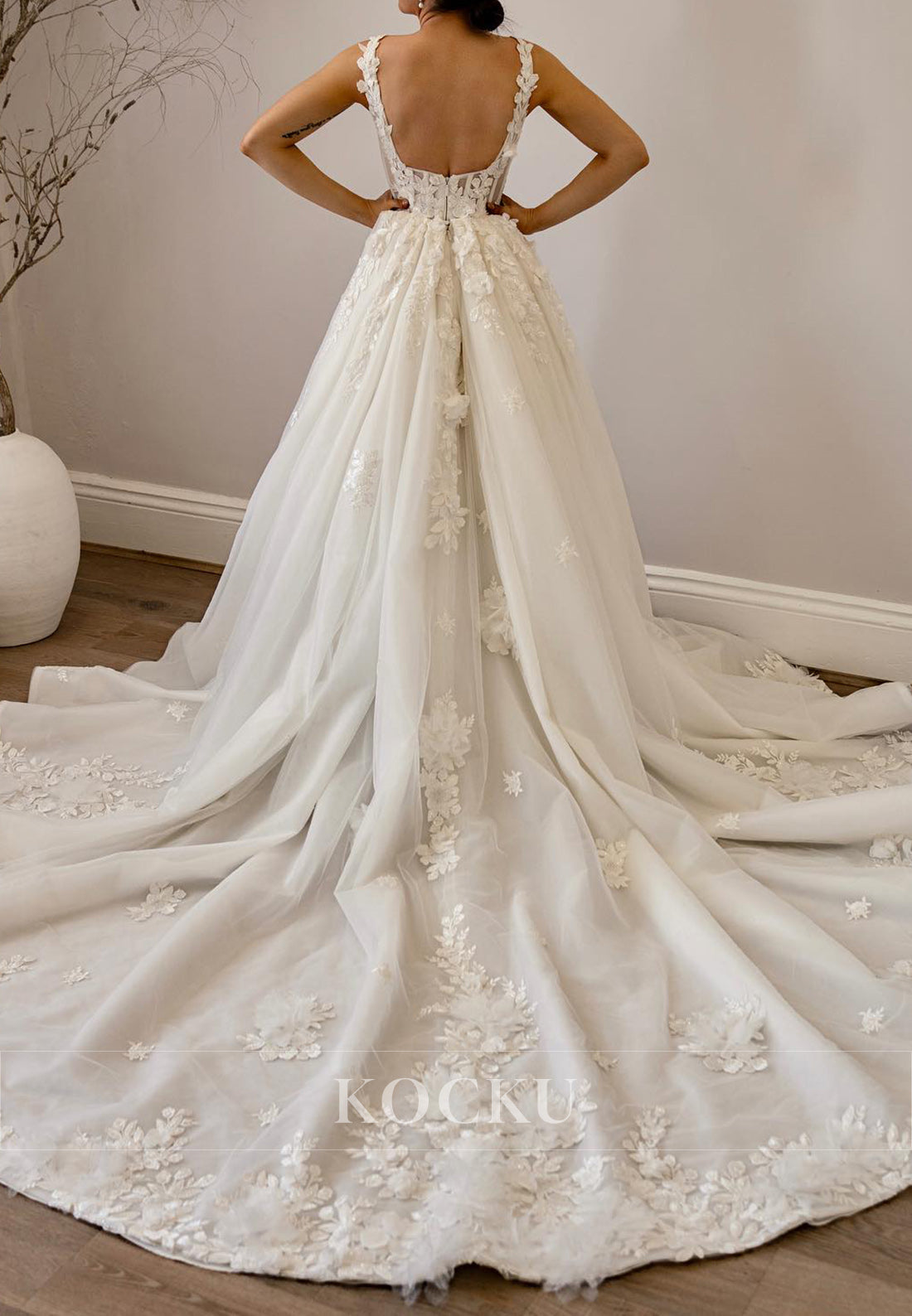 Spaghetti - Strap Backless Tulle Ball Gown Wedding Dress with 3D Floral Appliqués & Train