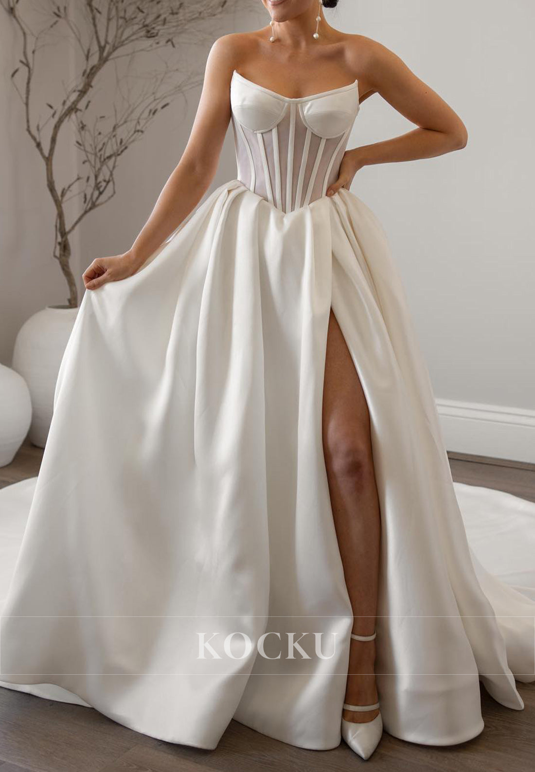 Strapless Satin Ball Gown Wedding Dress with Sheer Bodice, Side Slit & Pockets
